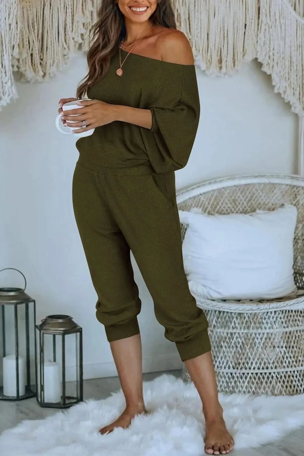 PRETTYGARDEN Women's 2 Piece Ribbed Tracksuit Outfits Off Shoulder Long Sleeve Pullover Lounge Pants with Pockets