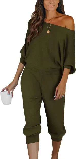 PRETTYGARDEN Women's 2 Piece Ribbed Tracksuit Outfits Off Shoulder Long Sleeve Pullover Lounge Pants with Pockets