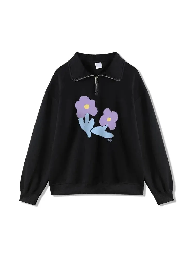 Printed Zipper Polo Black Women's Hoodies Solid Color Long Sleeve Loose Pullovers White Fashion Female Hoodies Streetwear