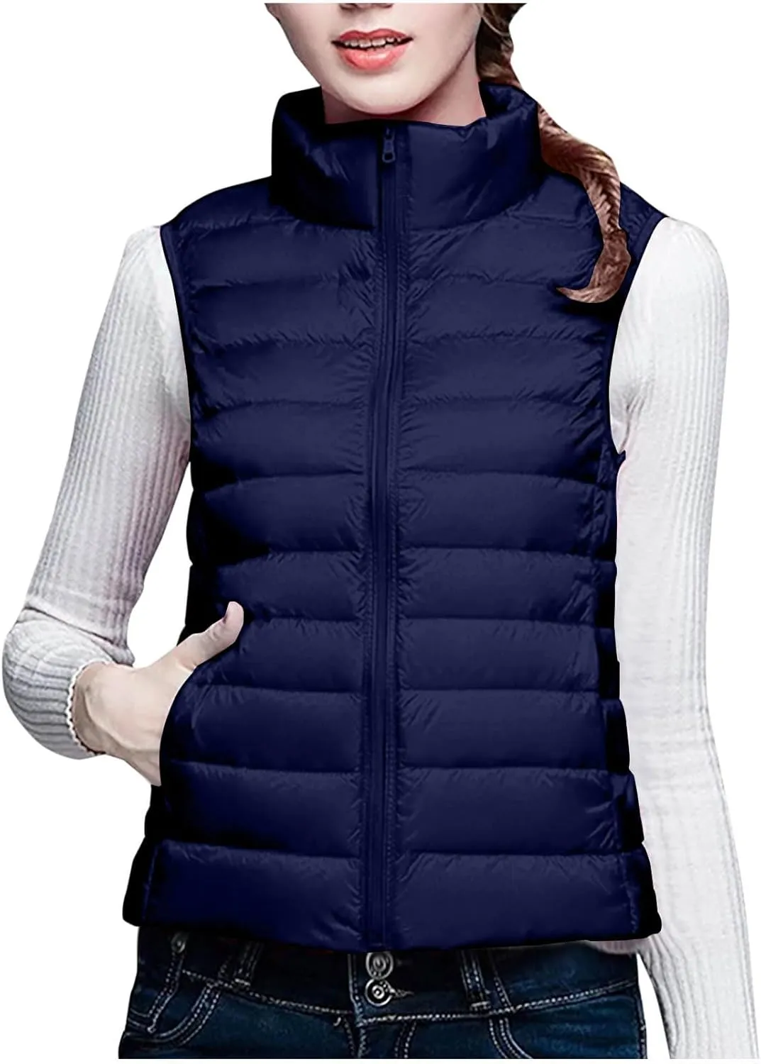 Puffer Vest Women Sleeveless Winter Jackets Lightweight Quilted Vests Zip Up Casual Down Vest Stand Collar Warm Coat