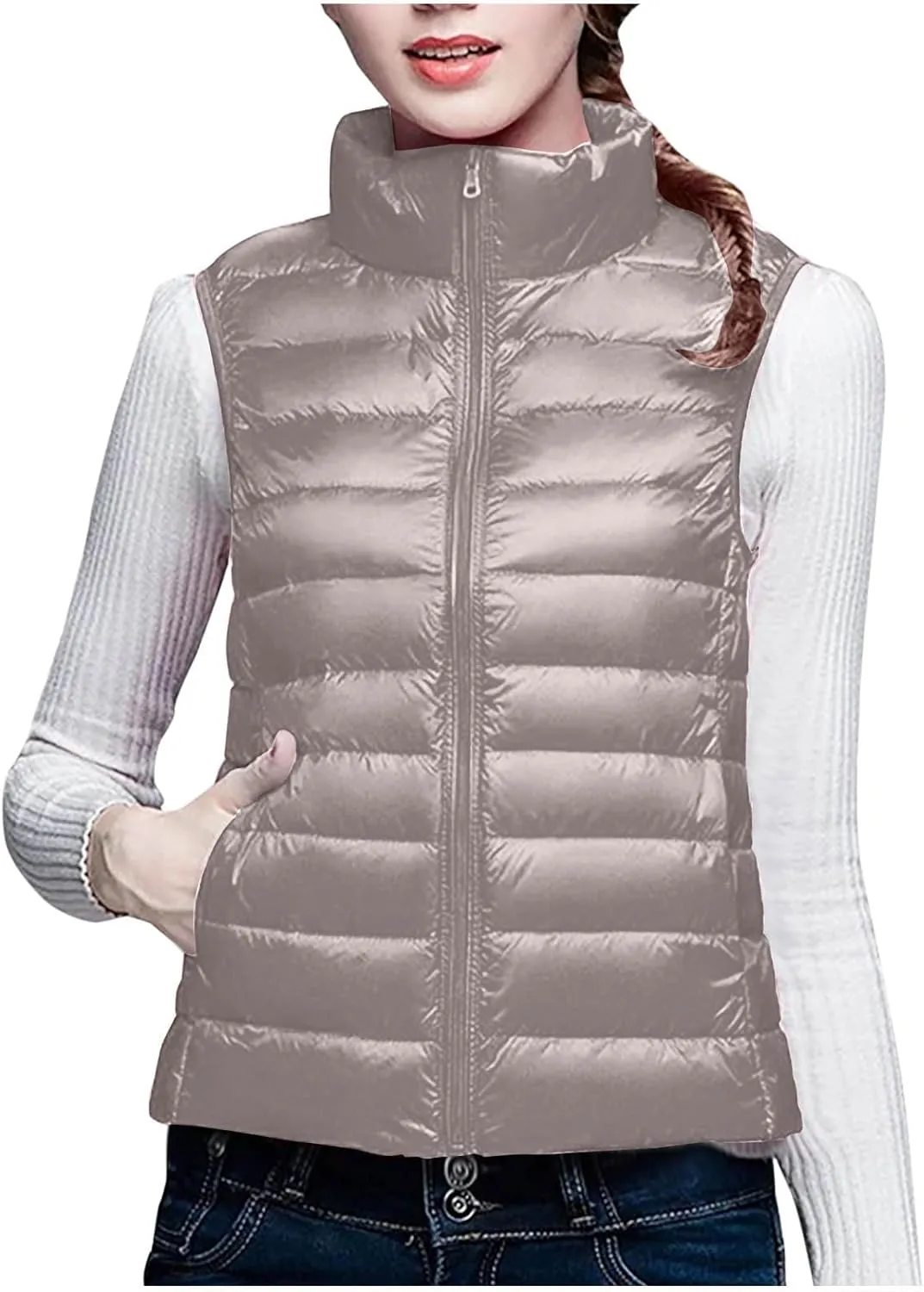 Puffer Vest Women Sleeveless Winter Jackets Lightweight Quilted Vests Zip Up Casual Down Vest Stand Collar Warm Coat