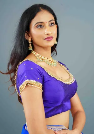 Purple Pure Raw Silk blouse with Kundan Detailing and Maggam Work, Customizable, Made to Order