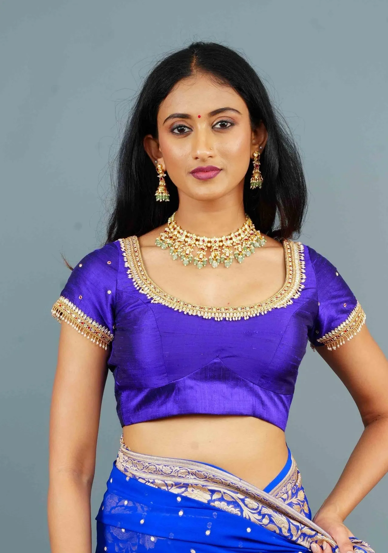 Purple Pure Raw Silk blouse with Kundan Detailing and Maggam Work, Customizable, Made to Order