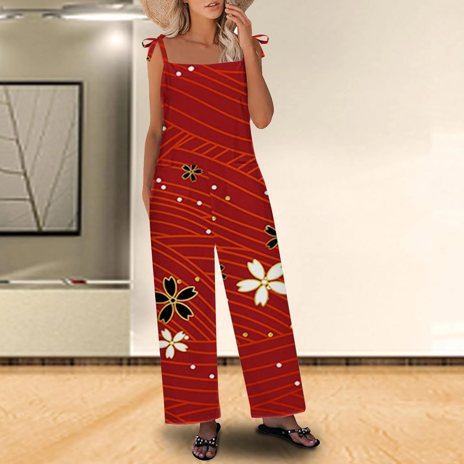 Rompers for Women Plus Size Sleeveless Bohemian Jumpsuits Floral Print Loose Harem Long Pants Jumpers Baggy Overalls