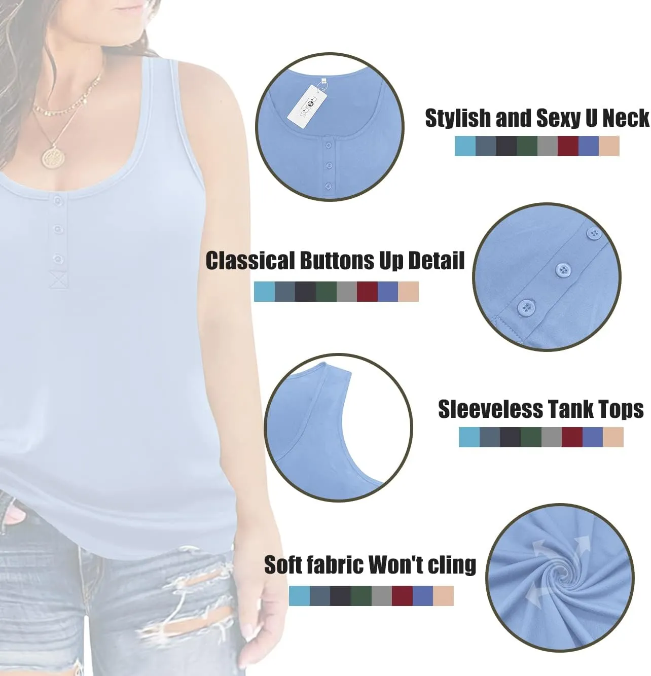ROSRISS Plus-Size Tank Tops for Women Summer Casual Sleeveless Button Up T-Shirts