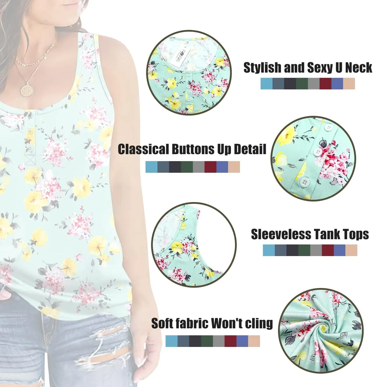 ROSRISS Plus-Size Tank Tops for Women Summer Casual Sleeveless Button Up T-Shirts
