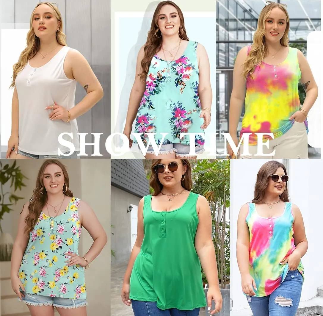ROSRISS Plus-Size Tank Tops for Women Summer Casual Sleeveless Button Up T-Shirts