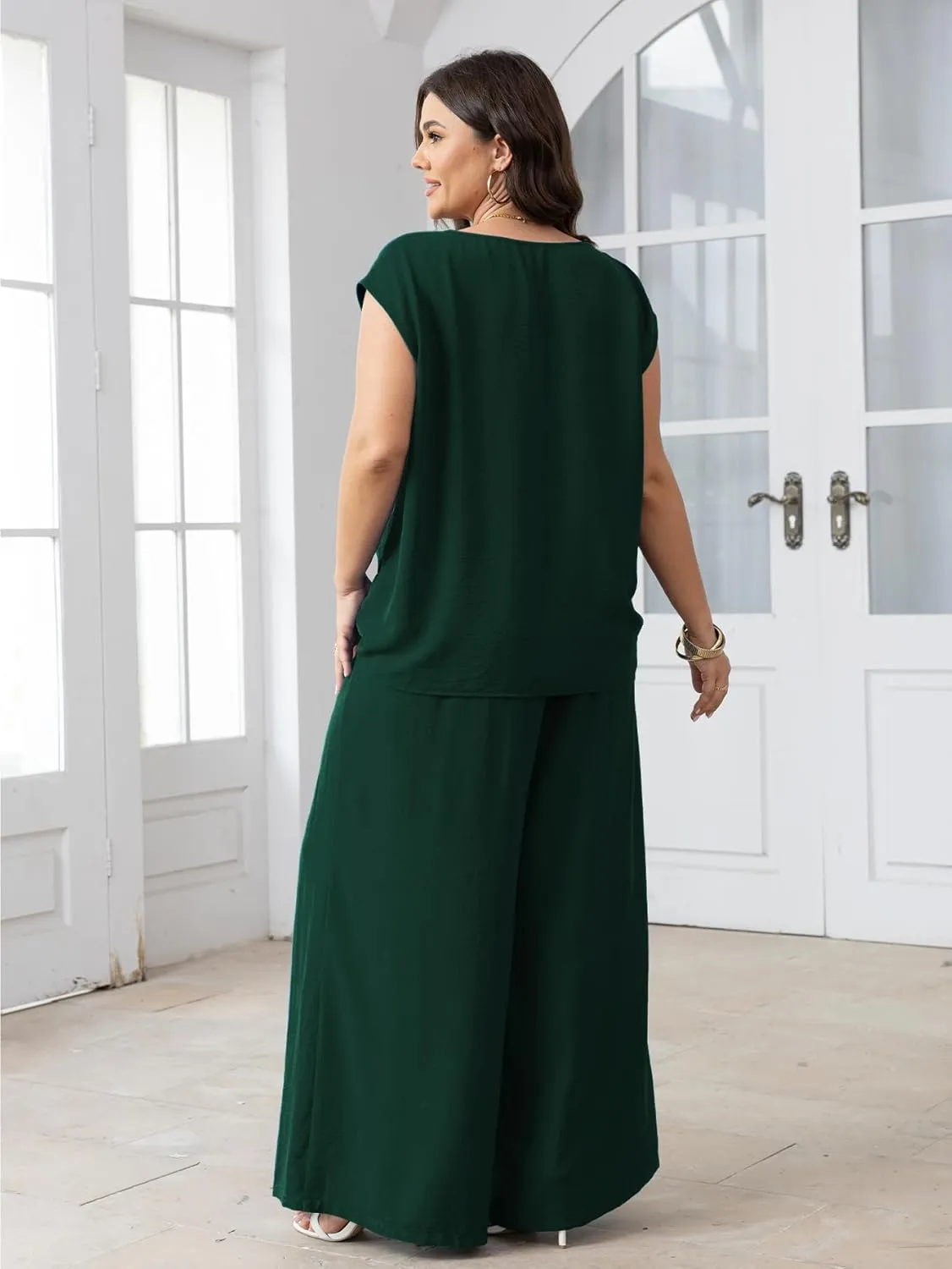SCOMCHIC Women's Plus Size Summer 2 Piece Outfits Cap Sleeve V Neck Belted Crop Tops Wide Leg Pant Sets Casual Tracksuit