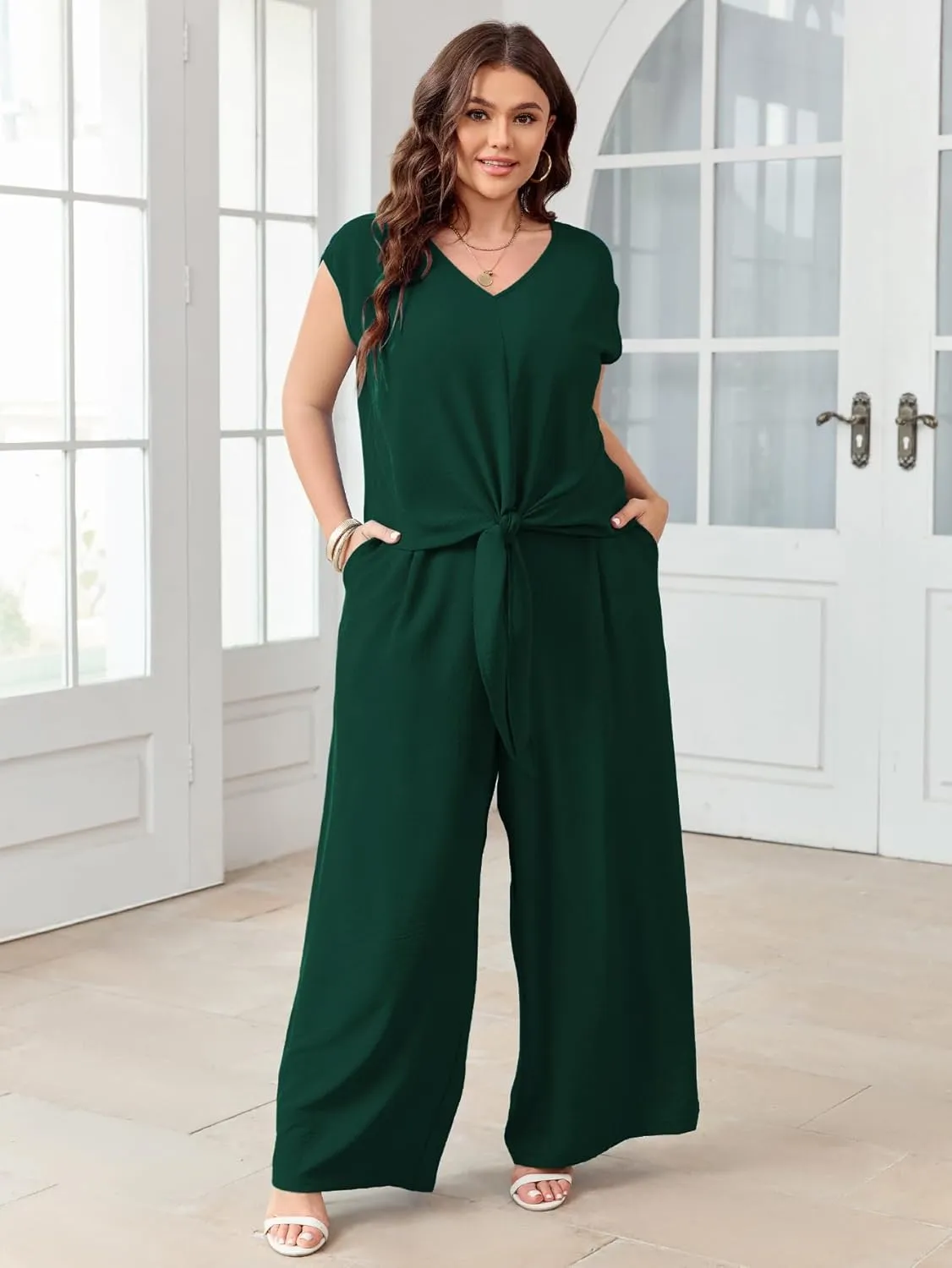 SCOMCHIC Women's Plus Size Summer 2 Piece Outfits Cap Sleeve V Neck Belted Crop Tops Wide Leg Pant Sets Casual Tracksuit