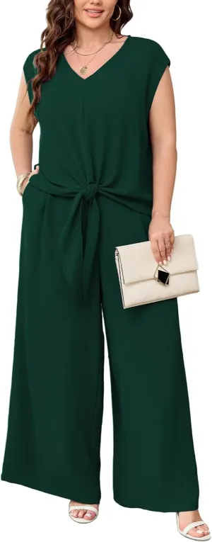 SCOMCHIC Women's Plus Size Summer 2 Piece Outfits Cap Sleeve V Neck Belted Crop Tops Wide Leg Pant Sets Casual Tracksuit