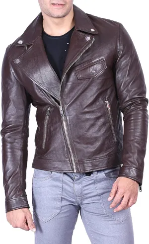 SID Classic Men's Police Style Motorcycle Leather Jacket with Asymmetric Design and Functional Pockets