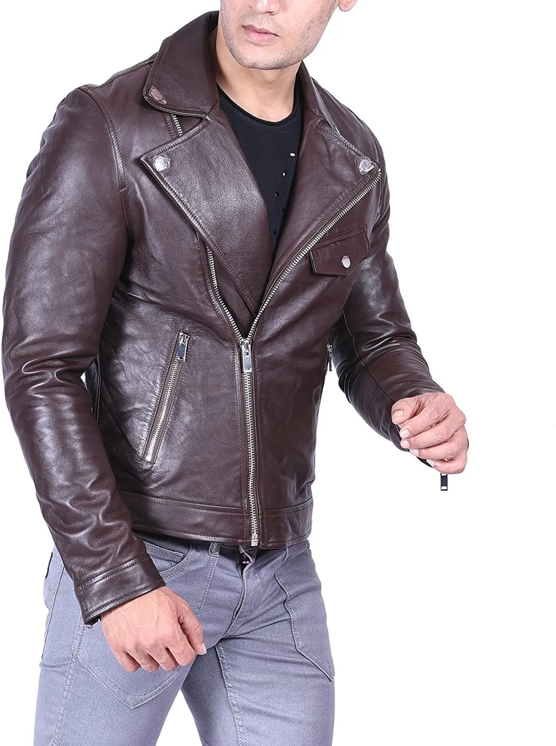SID Classic Men's Police Style Motorcycle Leather Jacket with Asymmetric Design and Functional Pockets