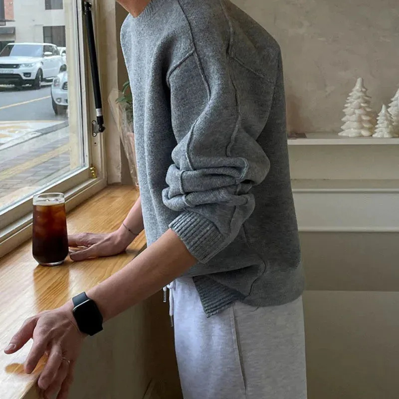 Solid Color Sweater Trend Men's Korean Style Fashion Knitwear Autumn Winter Warm Clothing Loose Round Neck Pullovers 9C2820