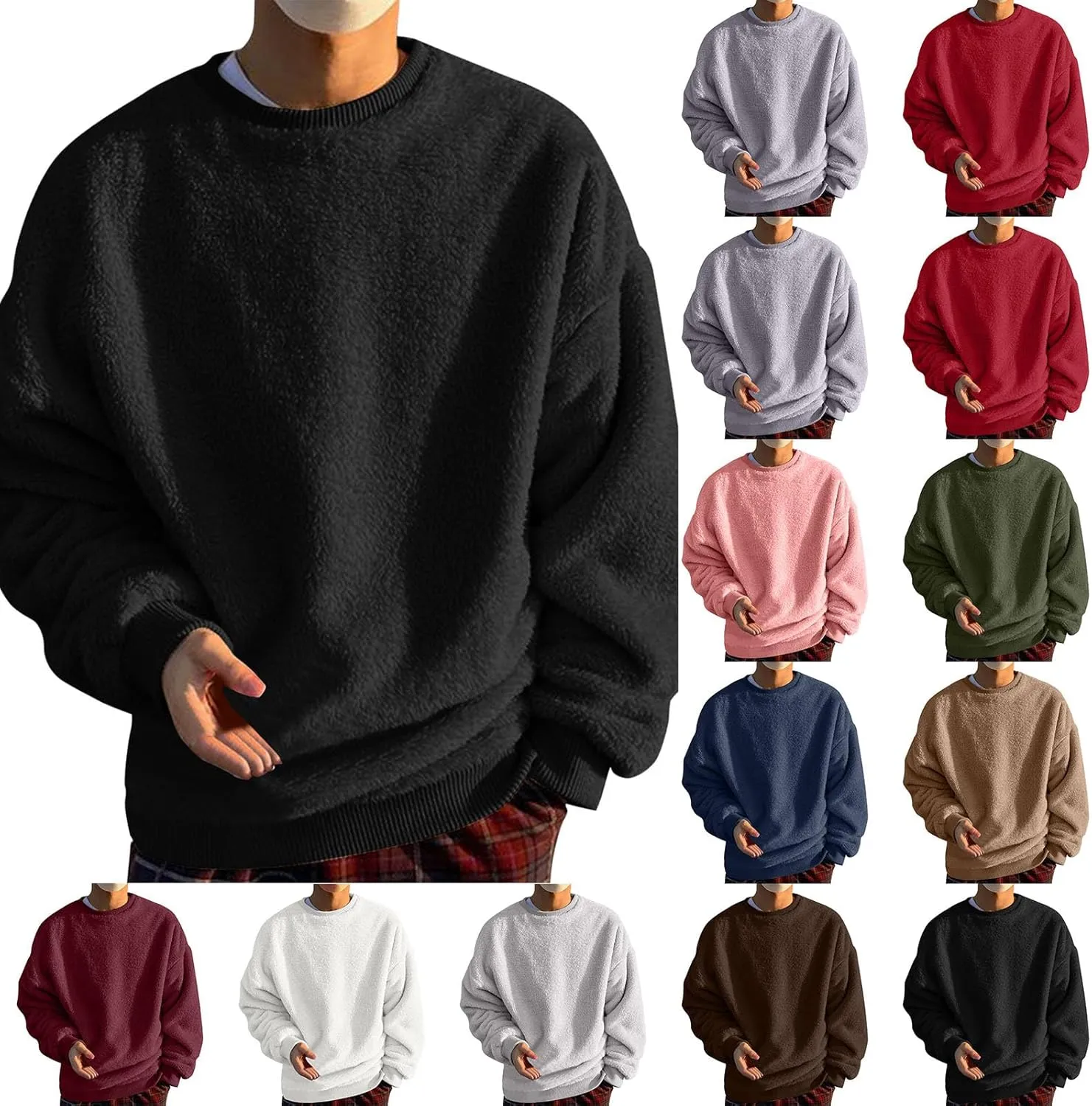 Sweatshirts for Men Long Sleeve Crew Neck Solid Color Casual Basic Warmth Pullover Soft Fall Winter Fleece Trendy Sweater Top