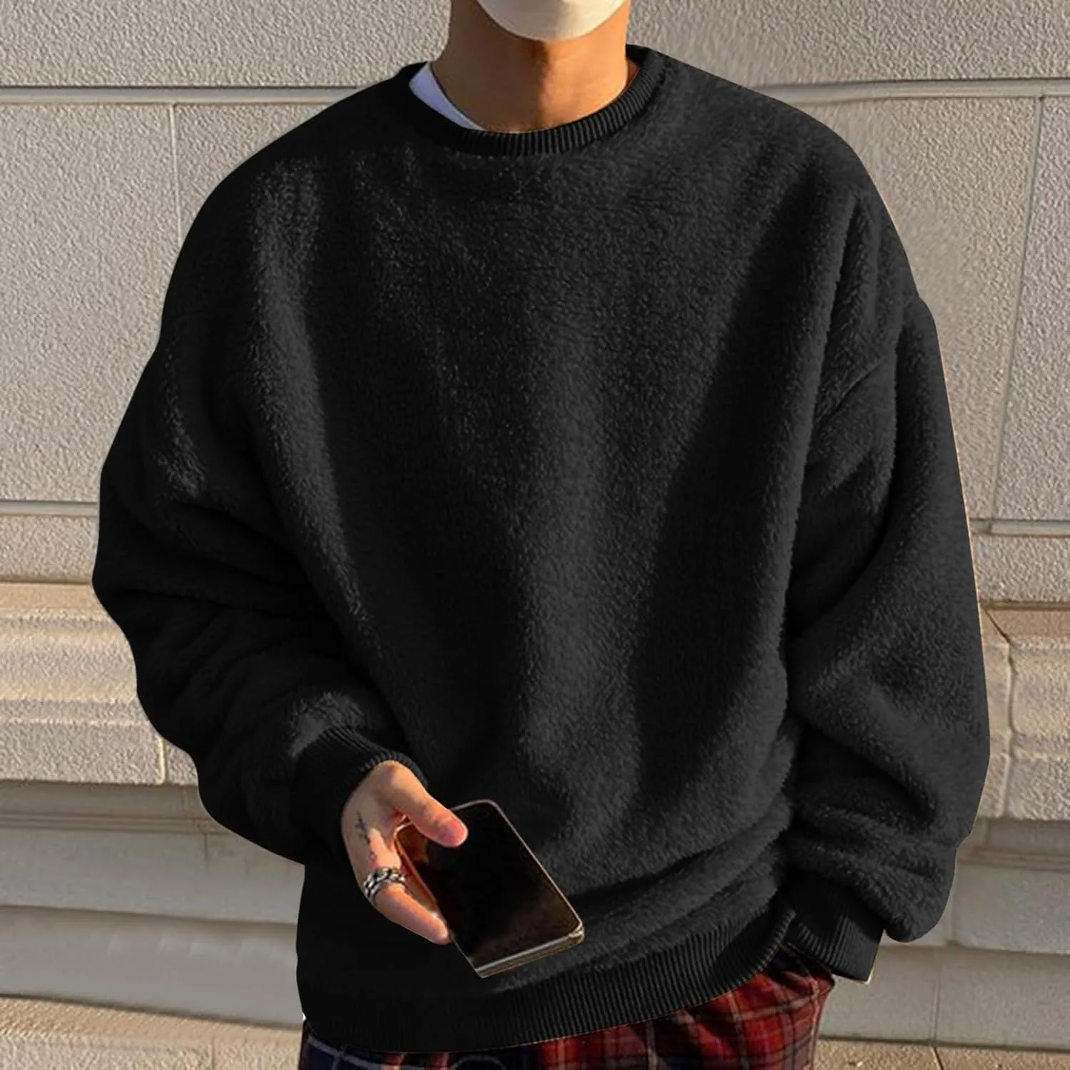 Sweatshirts for Men Long Sleeve Crew Neck Solid Color Casual Basic Warmth Pullover Soft Fall Winter Fleece Trendy Sweater Top