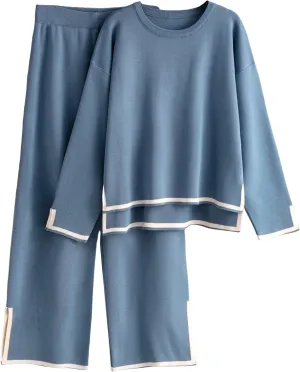 Tanming Women's 2 Piece Outfits Long Sleeve Knit Sweater Top Wide Leg Pants Lounge Sets Tracksuits