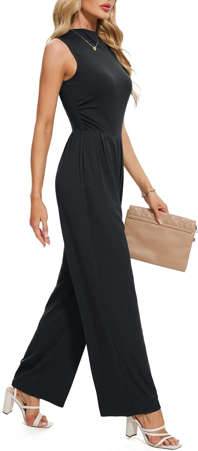 Tapata Women's Jumpsuits Dressy Casual One Piece Outfits Sleeveless Rompers Wide Leg Pants with Pockets