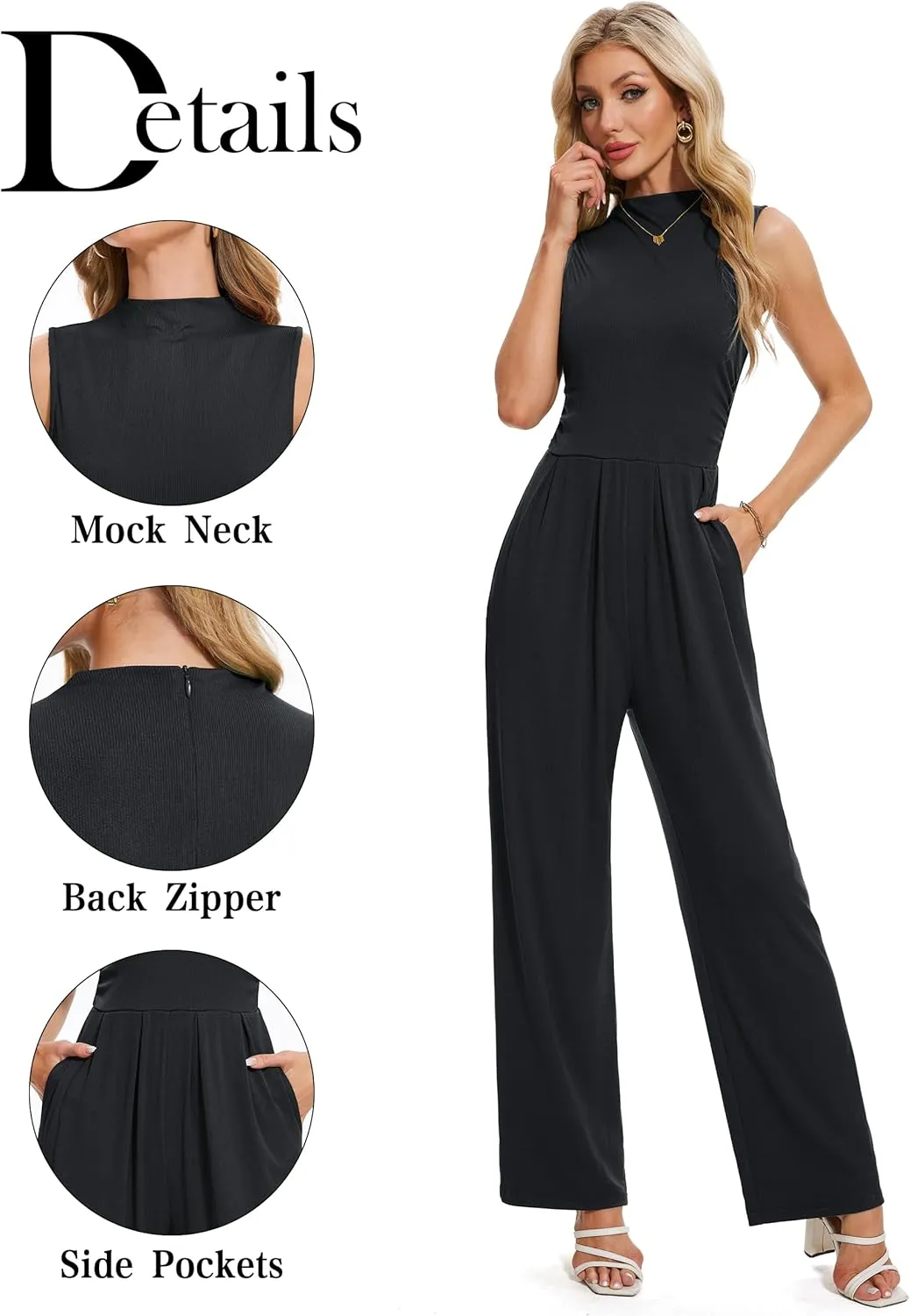 Tapata Women's Jumpsuits Dressy Casual One Piece Outfits Sleeveless Rompers Wide Leg Pants with Pockets