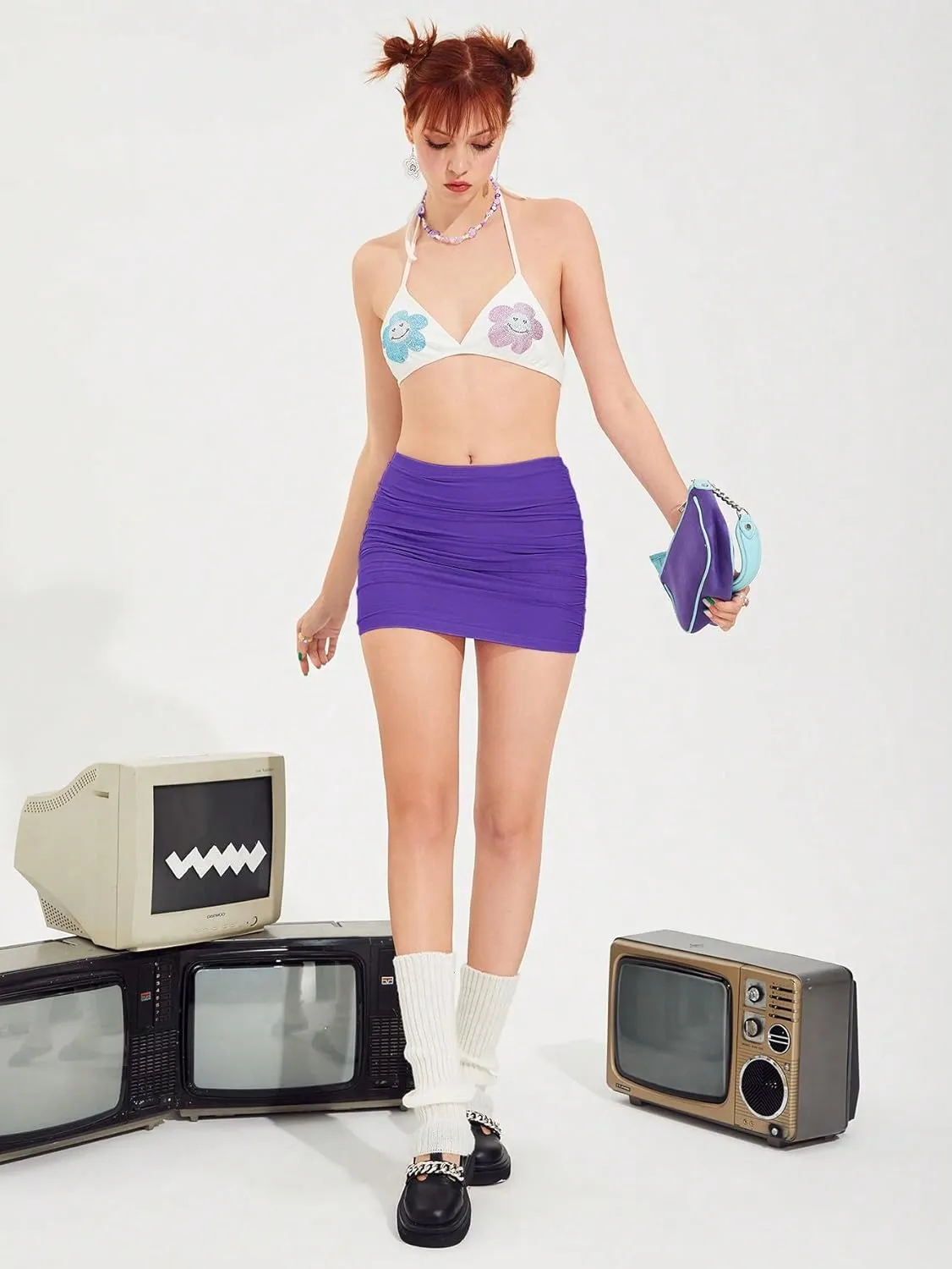 WDIRARA Women's Bodycon Mini Skirt Ruched Mesh Stretchy Tight Sexy Skirt with Streetwear Style