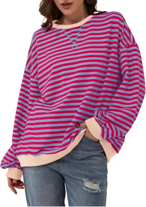 Women Free Crew Neck Sweatshirts Women Classic Striped Oversized Crewneck Long Sleeve Casual Sweatshirt Loose