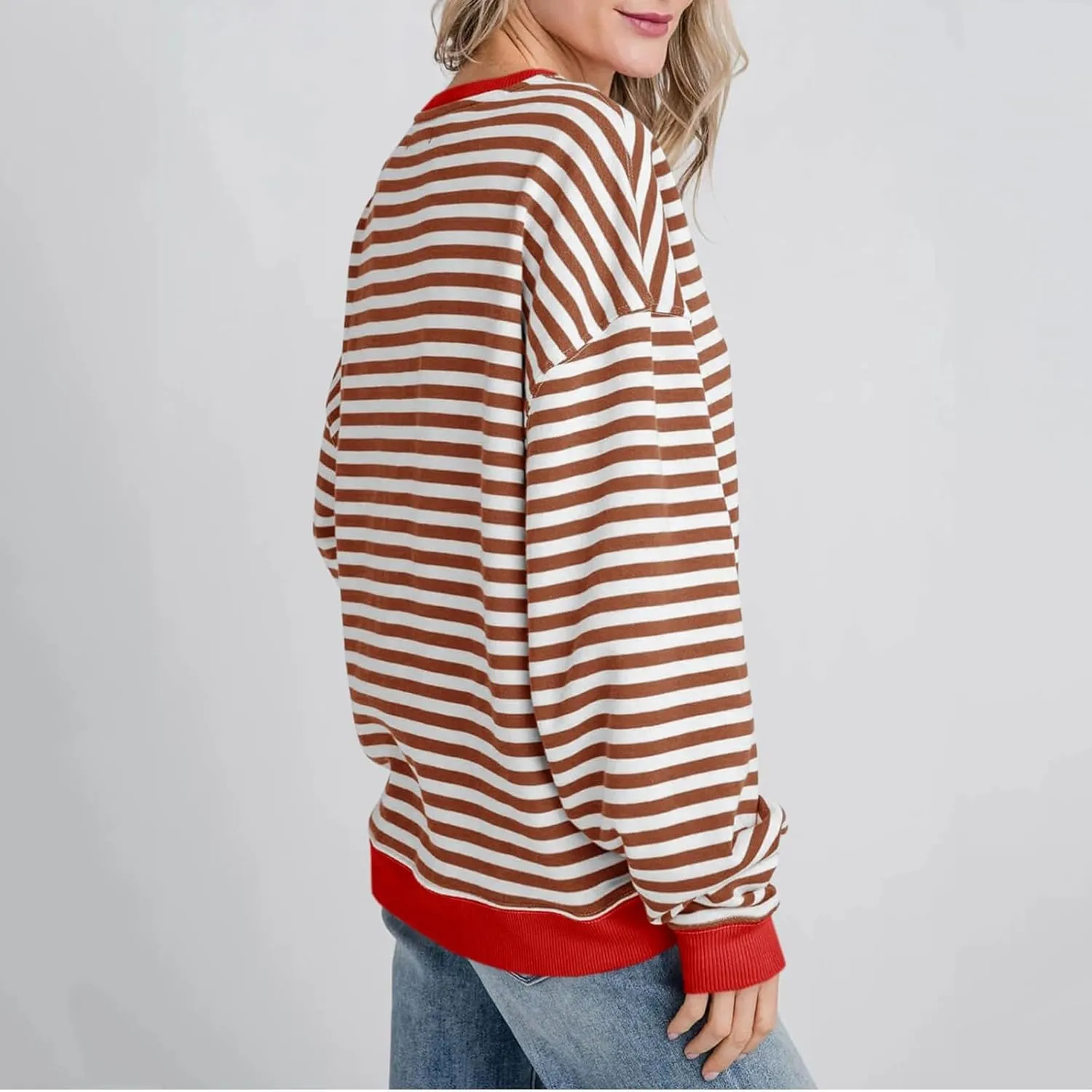 Women Free Crew Neck Sweatshirts Women Classic Striped Oversized Crewneck Long Sleeve Casual Sweatshirt Loose