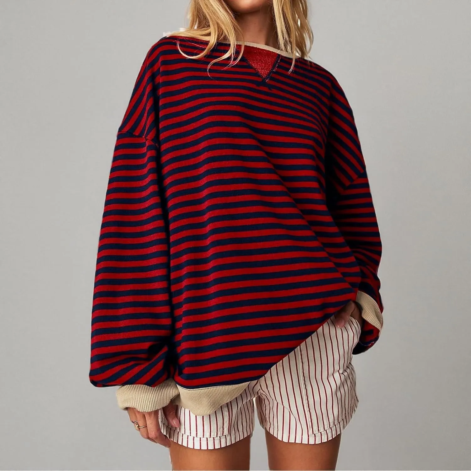 Women Free Crew Neck Sweatshirts Women Classic Striped Oversized Crewneck Long Sleeve Casual Sweatshirt Loose