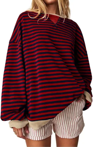 Women Free Crew Neck Sweatshirts Women Classic Striped Oversized Crewneck Long Sleeve Casual Sweatshirt Loose