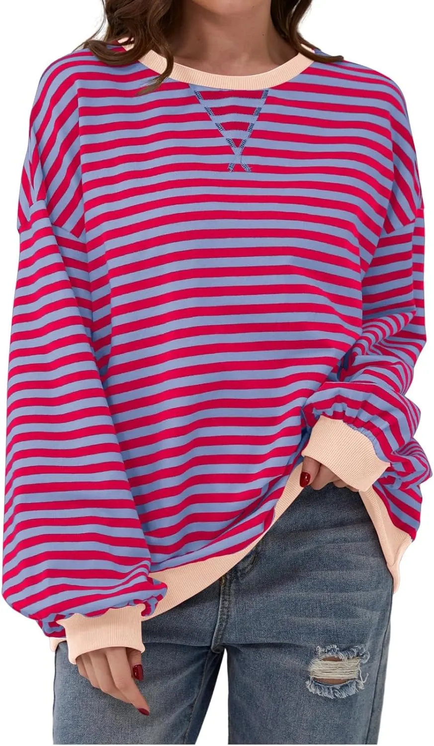 Women Free Crew Neck Sweatshirts Women Classic Striped Oversized Crewneck Long Sleeve Casual Sweatshirt Loose