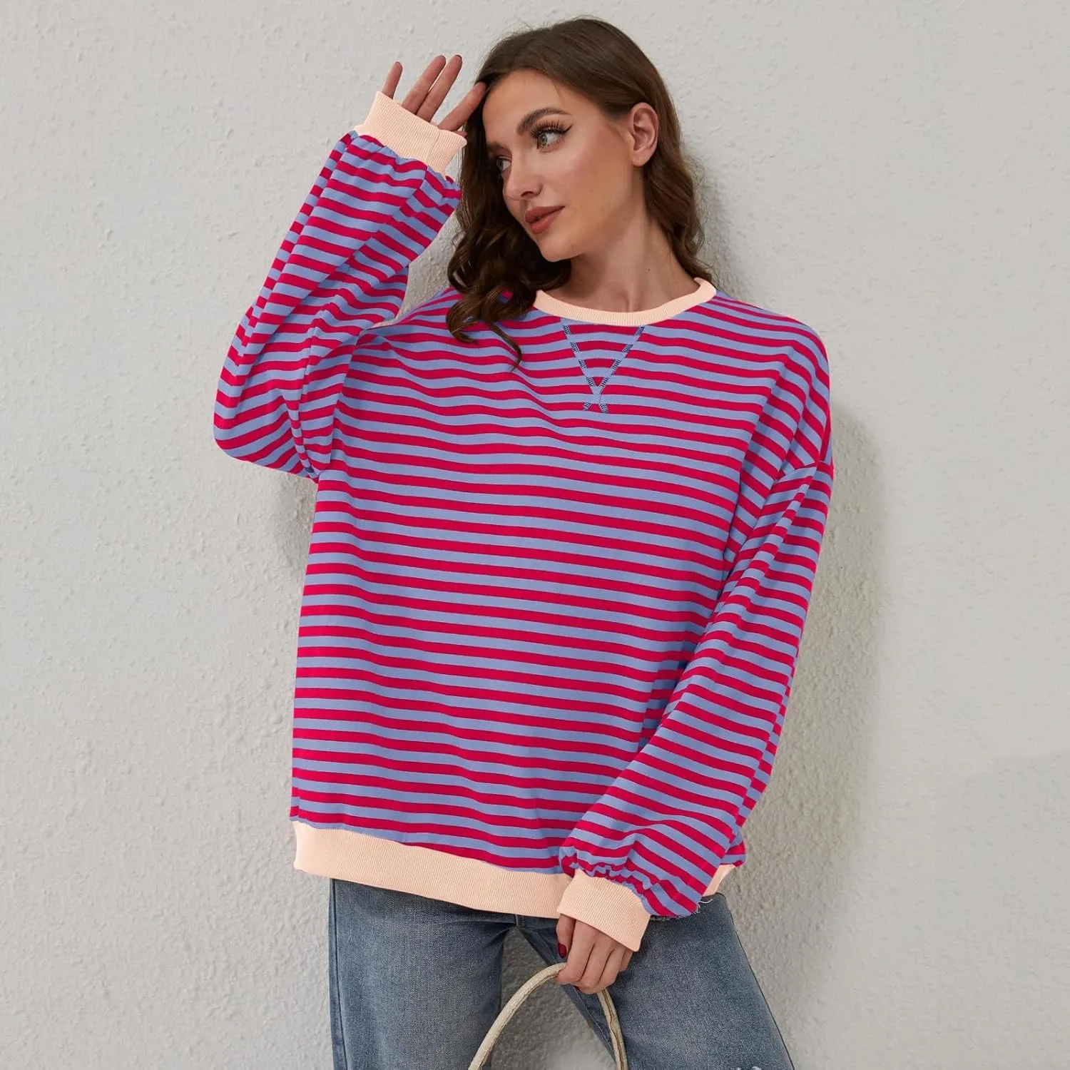 Women Free Crew Neck Sweatshirts Women Classic Striped Oversized Crewneck Long Sleeve Casual Sweatshirt Loose