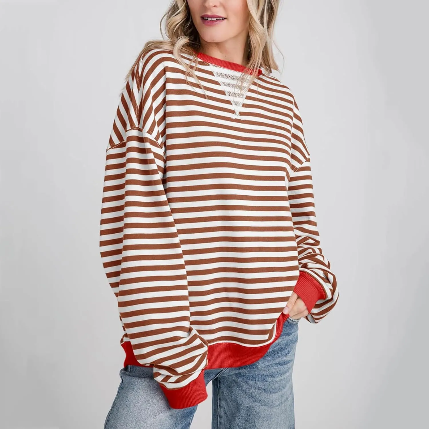 Women Free Crew Neck Sweatshirts Women Classic Striped Oversized Crewneck Long Sleeve Casual Sweatshirt Loose