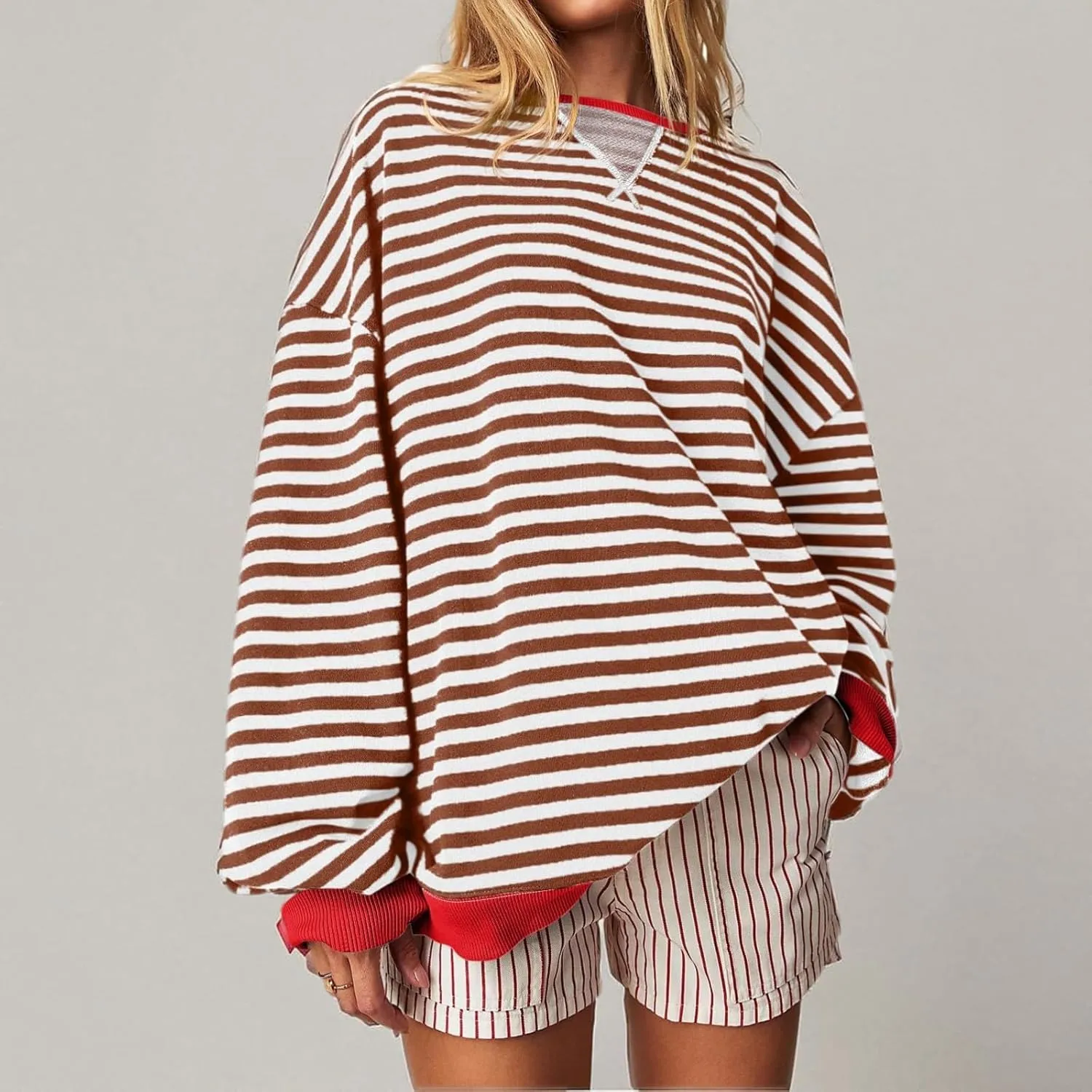 Women Free Crew Neck Sweatshirts Women Classic Striped Oversized Crewneck Long Sleeve Casual Sweatshirt Loose