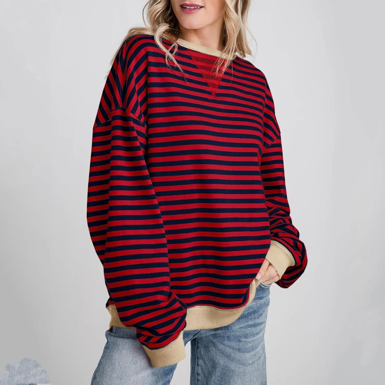 Women Free Crew Neck Sweatshirts Women Classic Striped Oversized Crewneck Long Sleeve Casual Sweatshirt Loose