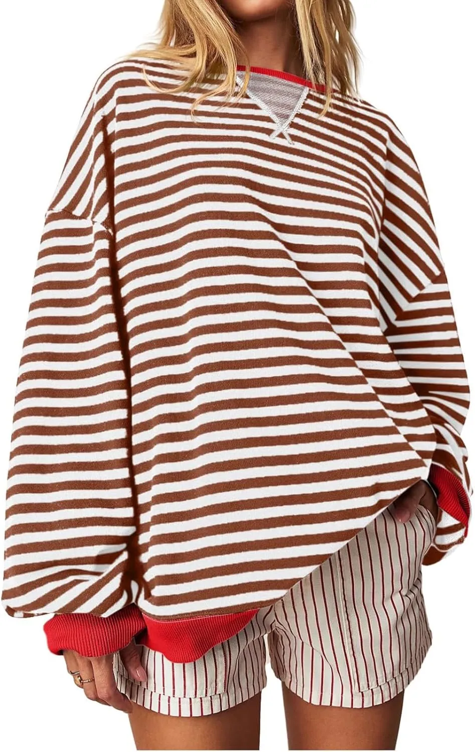 Women Free Crew Neck Sweatshirts Women Classic Striped Oversized Crewneck Long Sleeve Casual Sweatshirt Loose