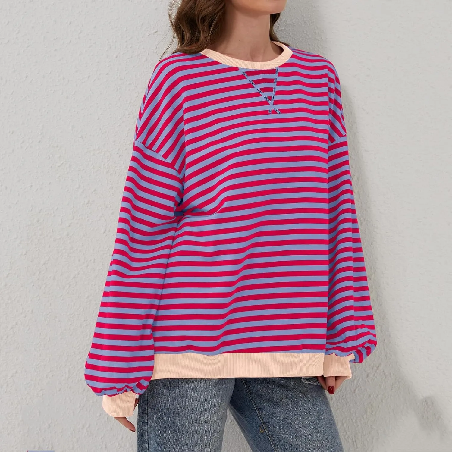 Women Free Crew Neck Sweatshirts Women Classic Striped Oversized Crewneck Long Sleeve Casual Sweatshirt Loose
