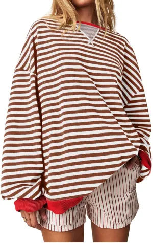 Women Free Crew Neck Sweatshirts Women Classic Striped Oversized Crewneck Long Sleeve Casual Sweatshirt Loose