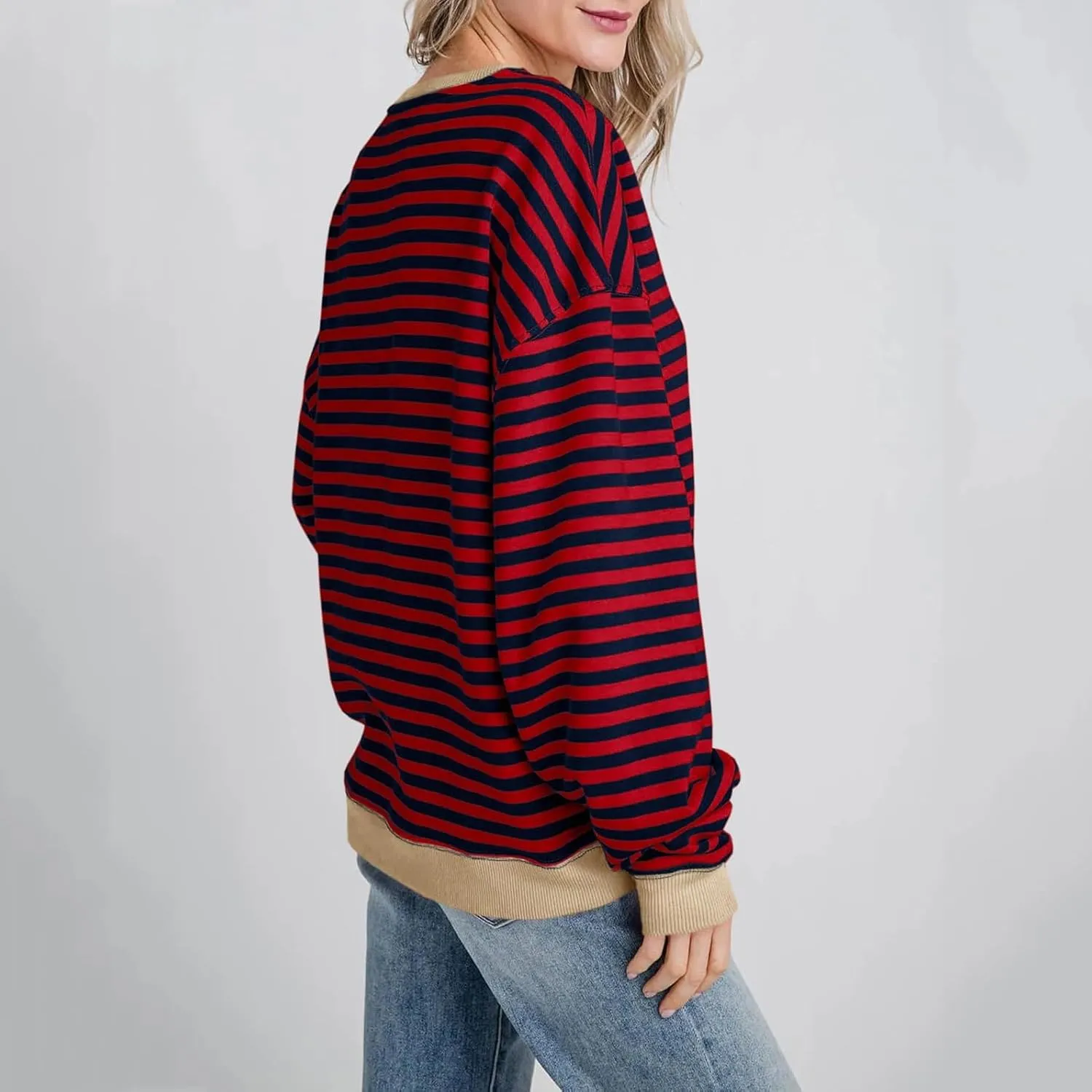Women Free Crew Neck Sweatshirts Women Classic Striped Oversized Crewneck Long Sleeve Casual Sweatshirt Loose