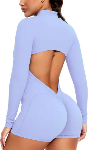 Women Long Sleeve Jumpsuit Zip Up Bodysuits Yoga Workout Unitards Bodycon One Piece Open Back Romper