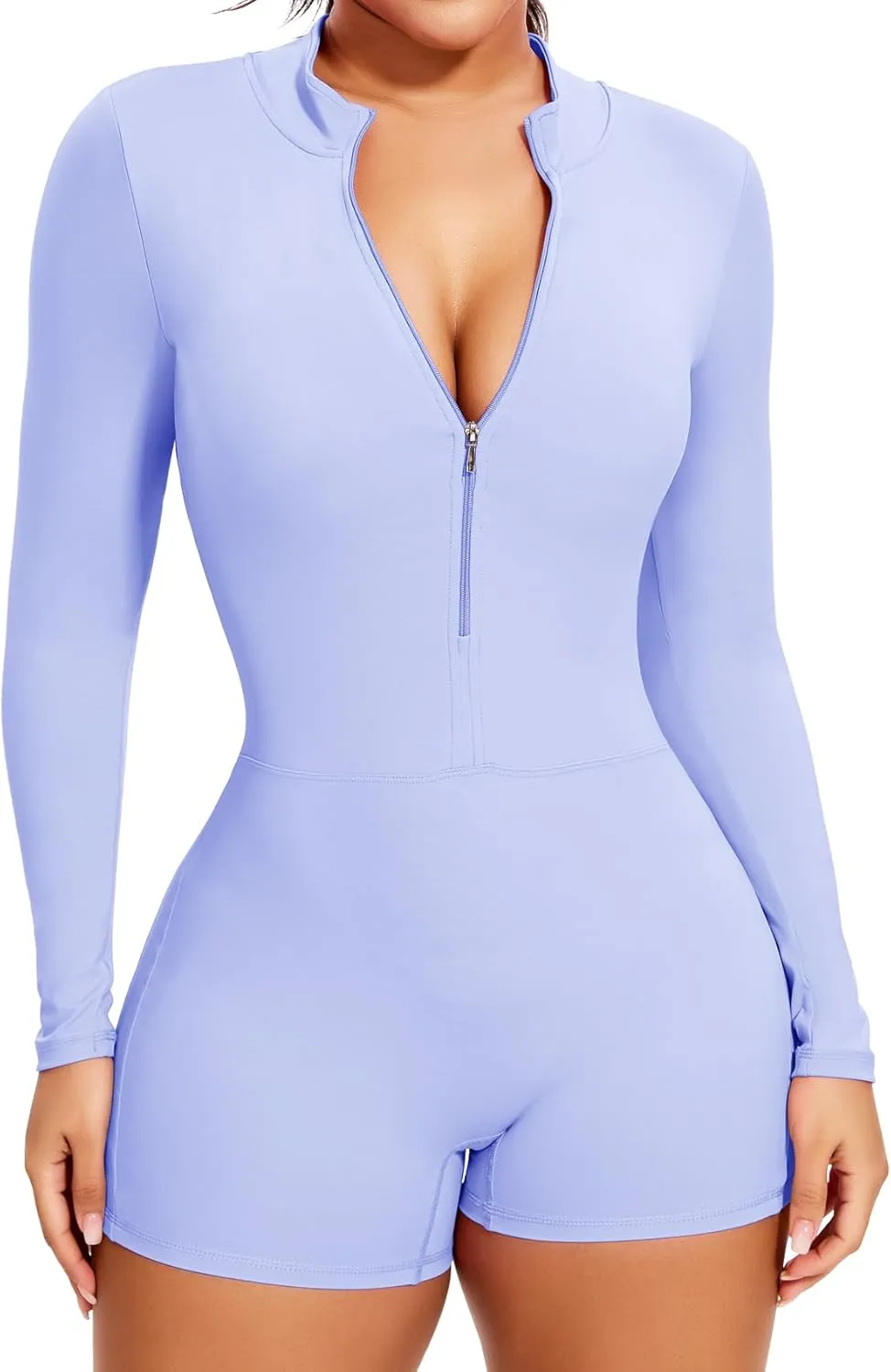 Women Long Sleeve Jumpsuit Zip Up Bodysuits Yoga Workout Unitards Bodycon One Piece Open Back Romper