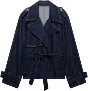Women Loose Denim Trench Coat Regular Length Turn-Down Collar Full Sleeve Open Stitch Casual Waistband Jacket