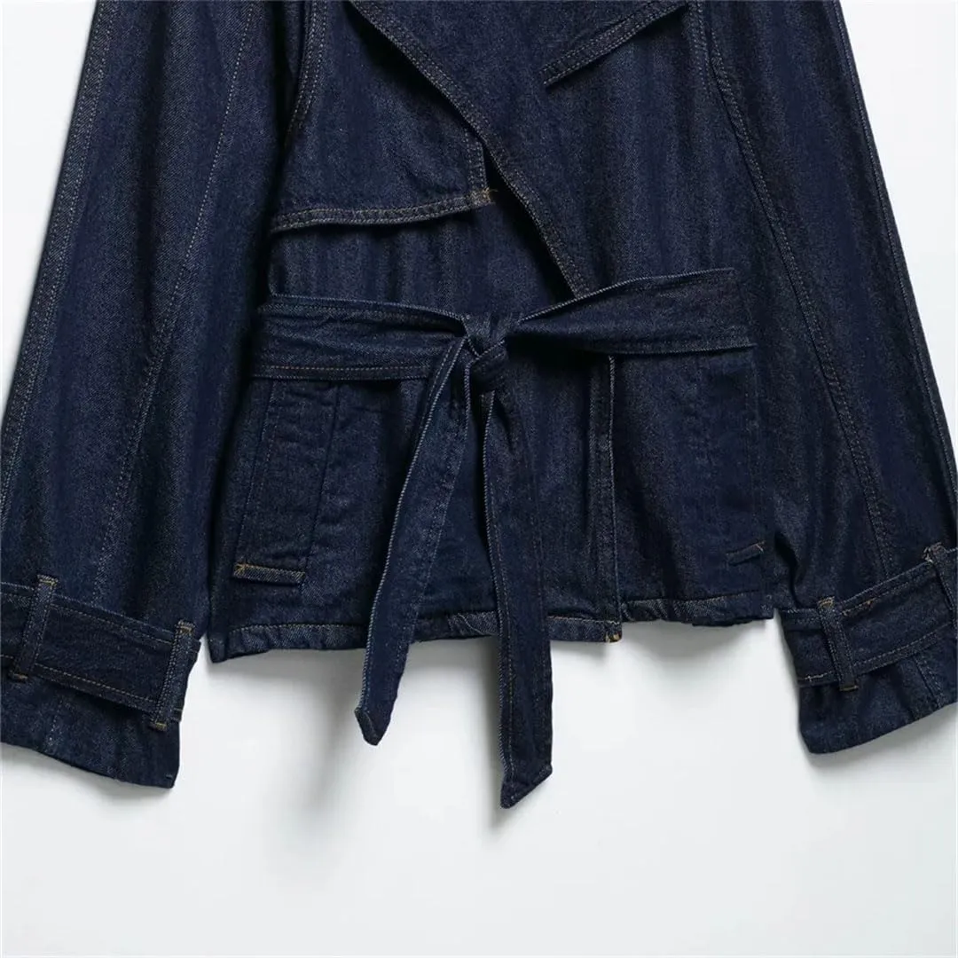 Women Loose Denim Trench Coat Regular Length Turn-Down Collar Full Sleeve Open Stitch Casual Waistband Jacket