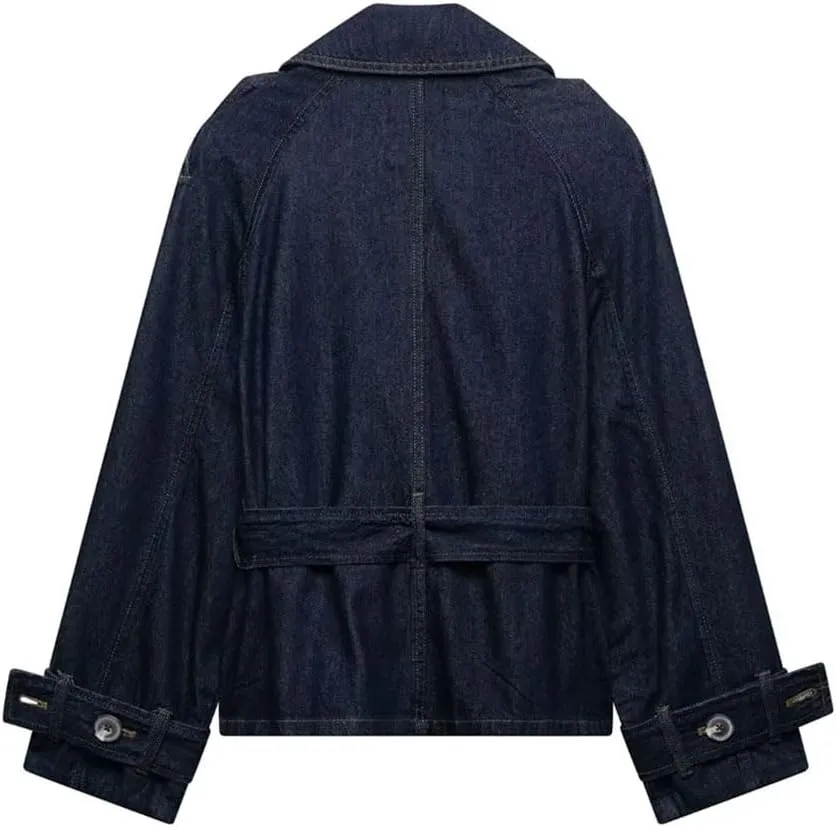 Women Loose Denim Trench Coat Regular Length Turn-Down Collar Full Sleeve Open Stitch Casual Waistband Jacket
