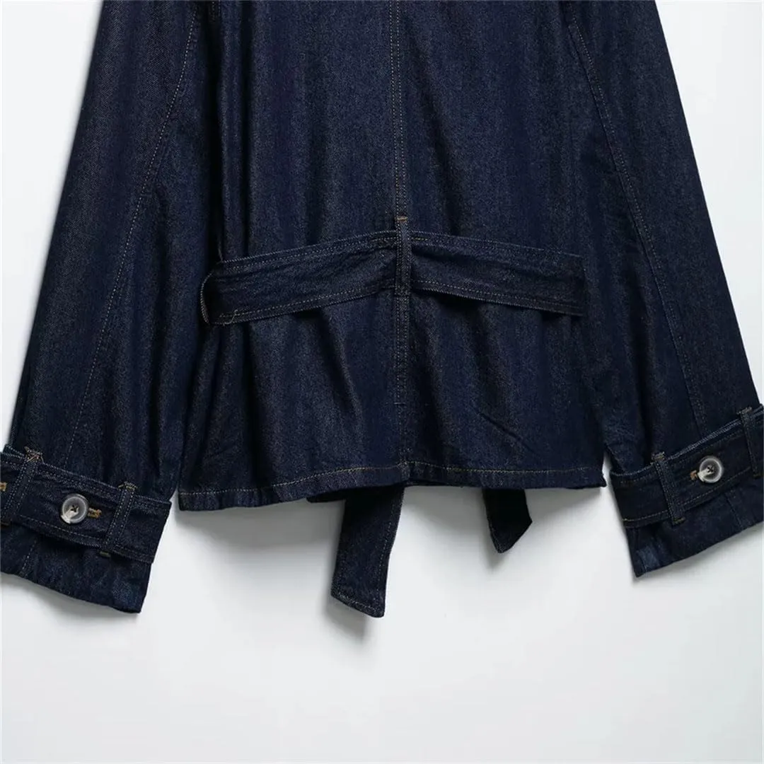 Women Loose Denim Trench Coat Regular Length Turn-Down Collar Full Sleeve Open Stitch Casual Waistband Jacket