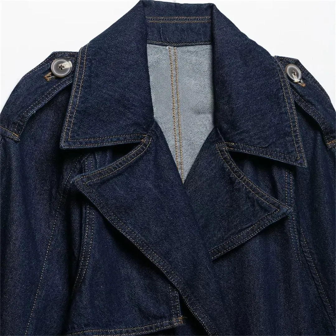Women Loose Denim Trench Coat Regular Length Turn-Down Collar Full Sleeve Open Stitch Casual Waistband Jacket