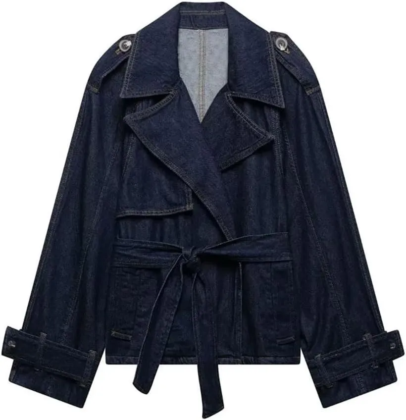 Women Loose Denim Trench Coat Regular Length Turn-Down Collar Full Sleeve Open Stitch Casual Waistband Jacket