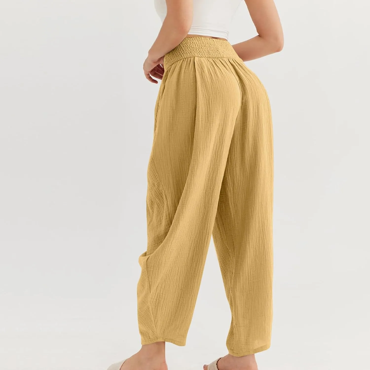 Women Palazzo Pants Casual Summer Boho Wide Leg High Waist Drawstring Lounge Pleated Pant Trousers with Pockets