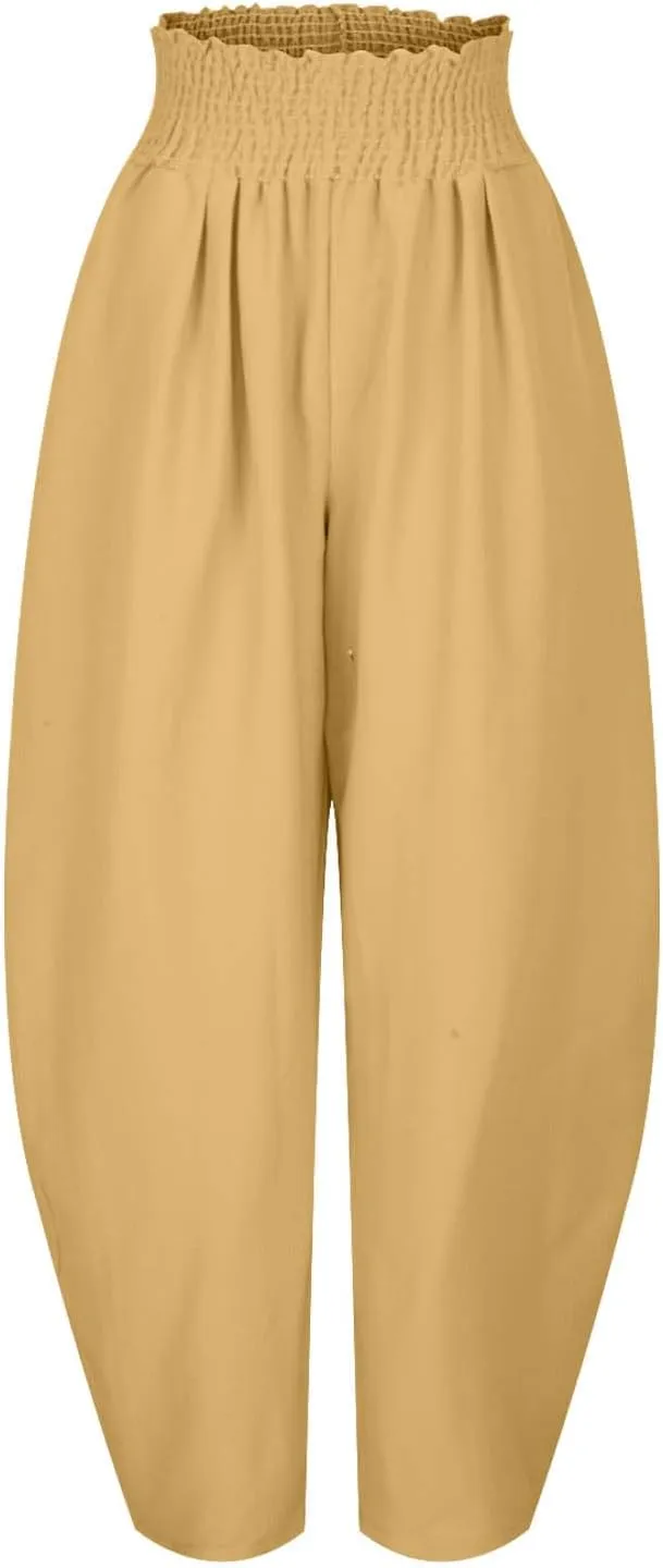 Women Palazzo Pants Casual Summer Boho Wide Leg High Waist Drawstring Lounge Pleated Pant Trousers with Pockets