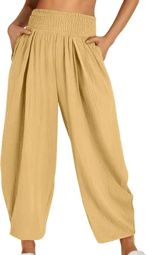 Women Palazzo Pants Casual Summer Boho Wide Leg High Waist Drawstring Lounge Pleated Pant Trousers with Pockets