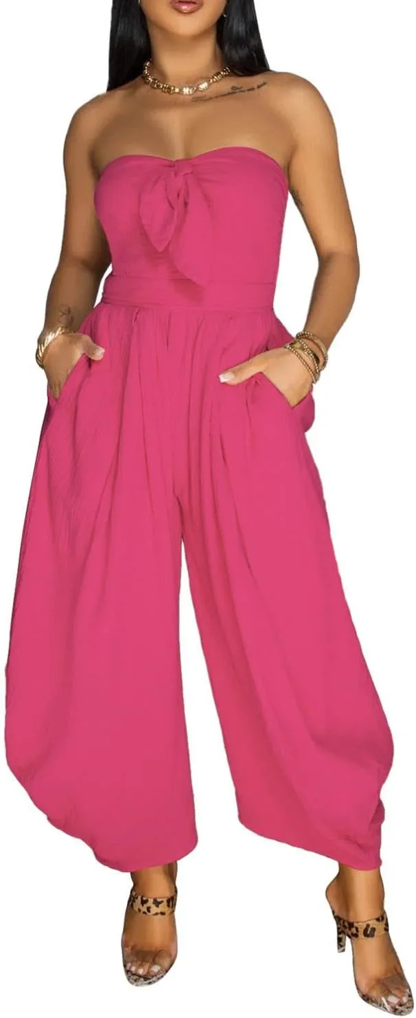 Women Sexy Off Shoulder Strapless Harem Pants Jumpsuit Bow Tie Romper