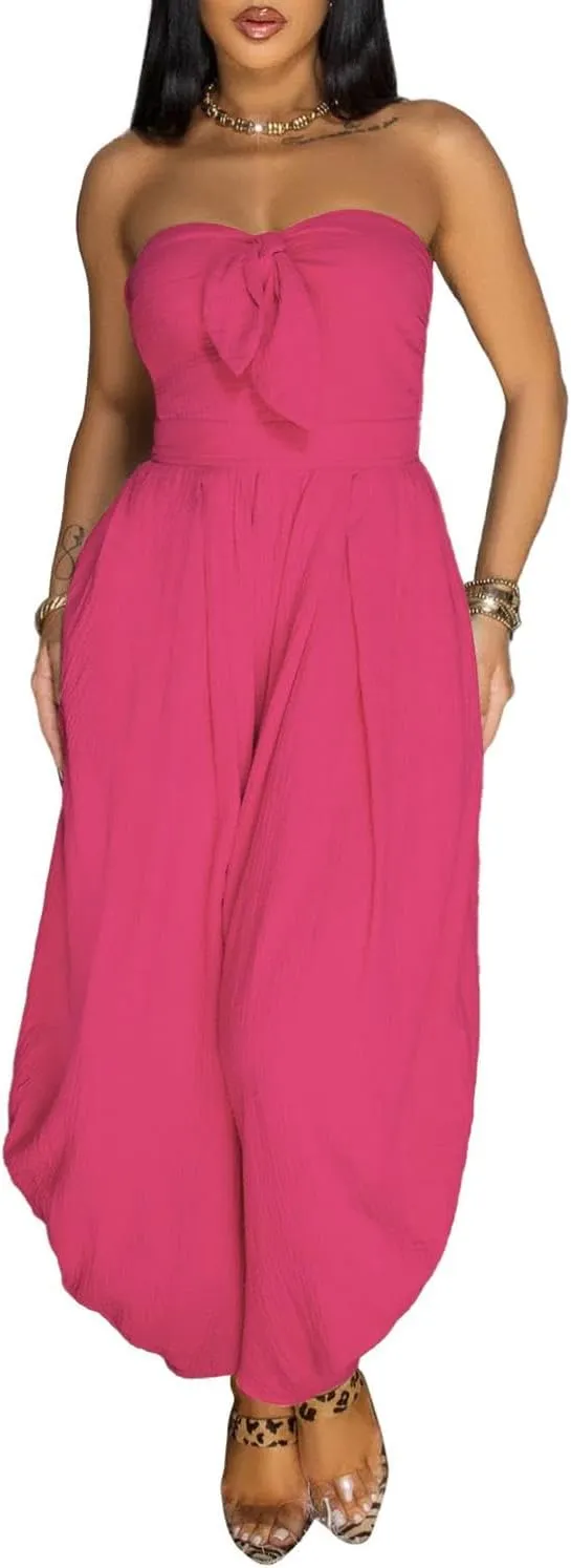 Women Sexy Off Shoulder Strapless Harem Pants Jumpsuit Bow Tie Romper