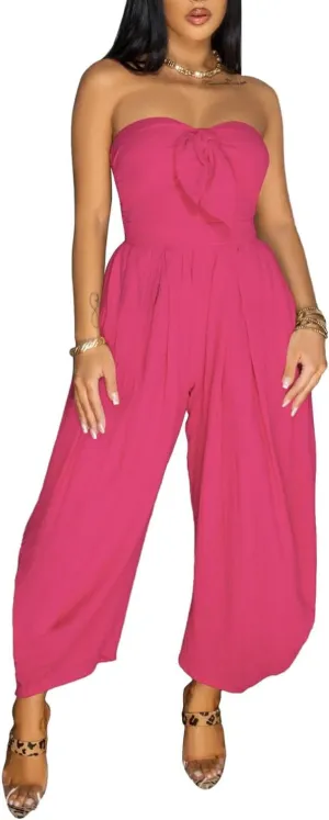 Women Sexy Off Shoulder Strapless Harem Pants Jumpsuit Bow Tie Romper